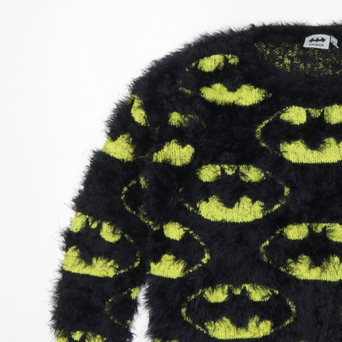 Batman Women’s Black Green Fuzzy Logo Knit Jumper UK 12 Long Sleeve