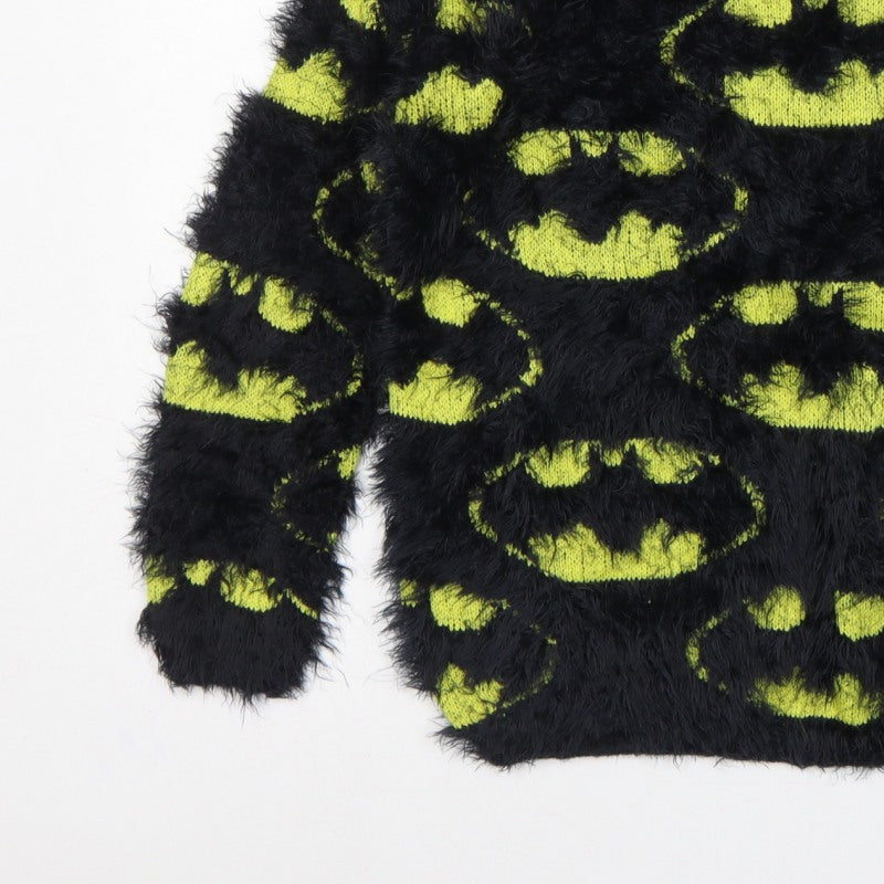 Batman Women’s Black Green Fuzzy Logo Knit Jumper UK 12 Long Sleeve