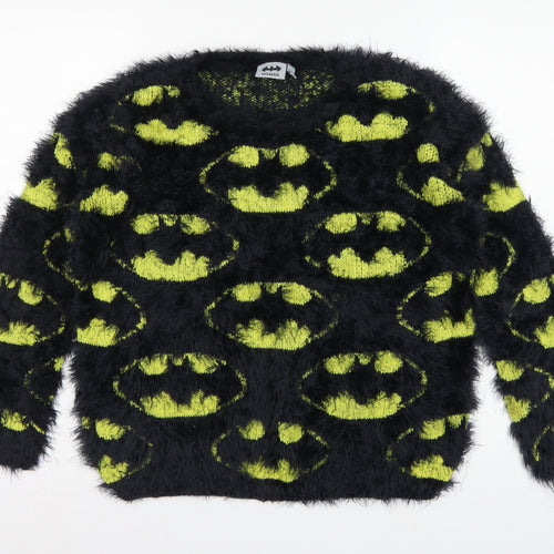 Batman Women’s Black Green Fuzzy Logo Knit Jumper UK 12 Long Sleeve