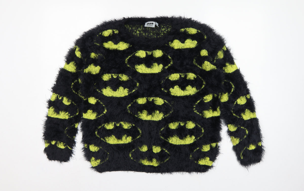 Batman Women’s Black Green Fuzzy Logo Knit Jumper UK 12 Long Sleeve