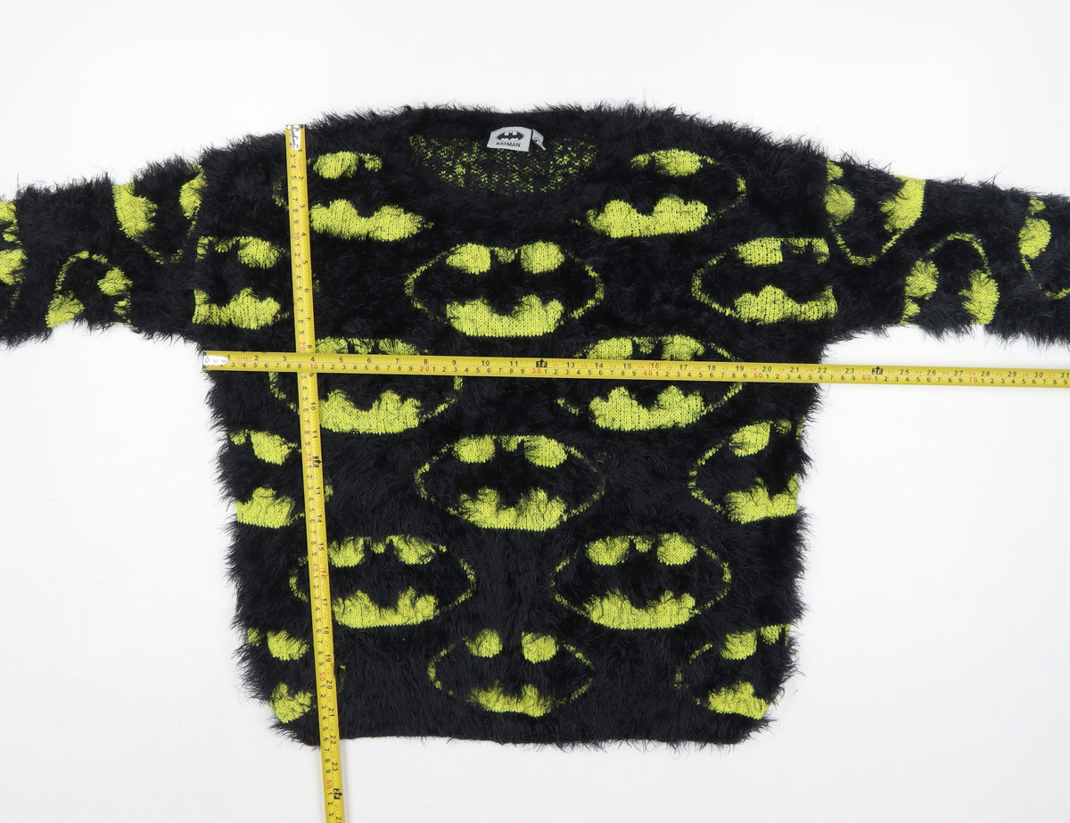 Batman Women’s Black Green Fuzzy Logo Knit Jumper UK 12 Long Sleeve