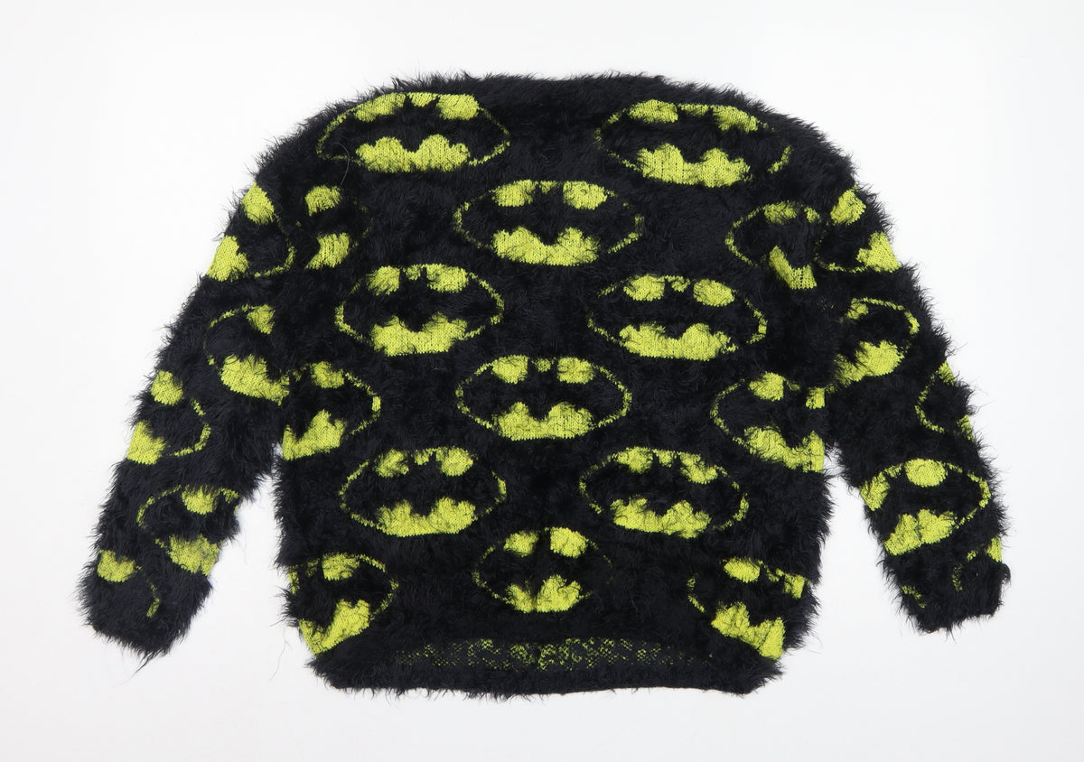 Batman Women’s Black Green Fuzzy Logo Knit Jumper UK 12 Long Sleeve
