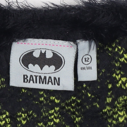 Batman Women’s Black Green Fuzzy Logo Knit Jumper UK 12 Long Sleeve