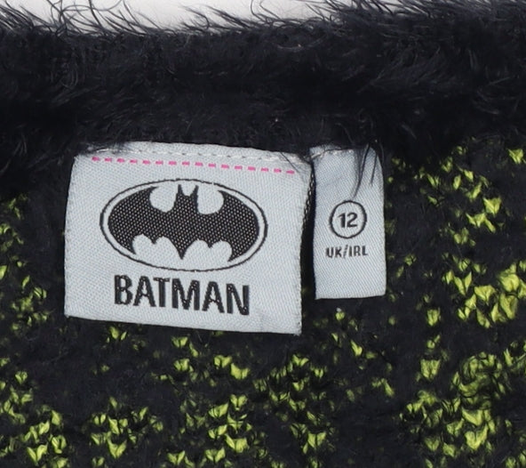 Batman Women’s Black Green Fuzzy Logo Knit Jumper UK 12 Long Sleeve