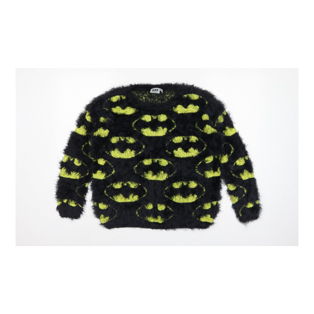 Batman Women’s Black Green Fuzzy Logo Knit Jumper UK 12 Long Sleeve