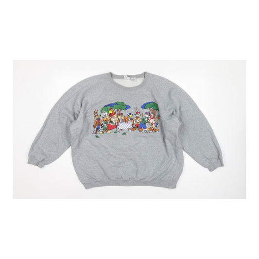 Front view of Acme Clothing Co unisex grey xl looney tunes graphic raglan sweatshirt