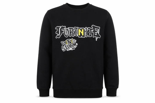 Front view of Fortnite boys’ black m pullover sweatshirt graphic print long sleeve