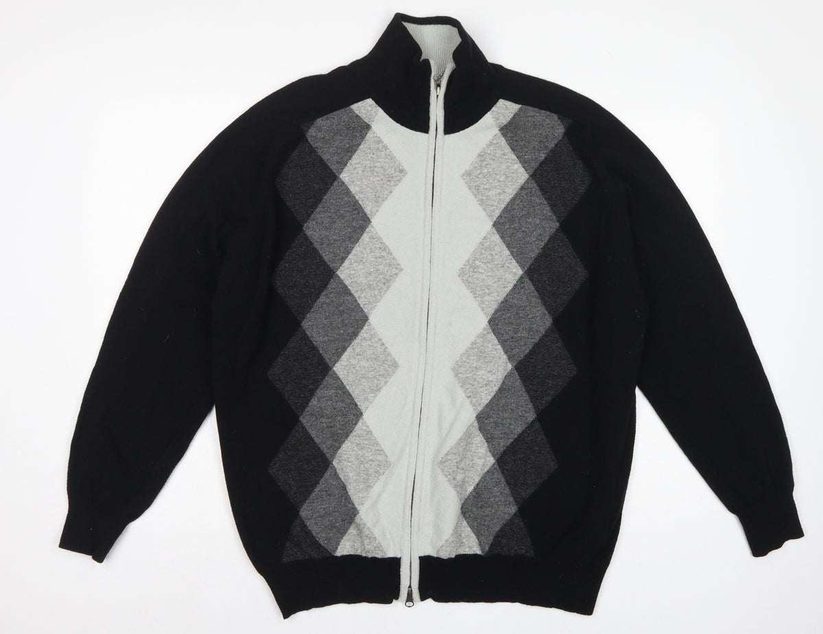 Back view of Concrete Men’s Black Grey Argyle Full Zip Wool Jumper XL