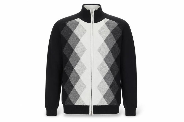 Concrete Men’s Black Grey Argyle Full Zip Wool Jumper XL