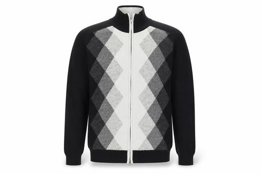 Concrete Men’s Black Grey Argyle Full Zip Wool Jumper XL
