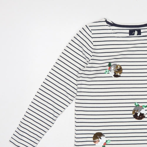 Joules Women White Navy Stripe Sequin Christmas Pudding Jersey Top UK 12