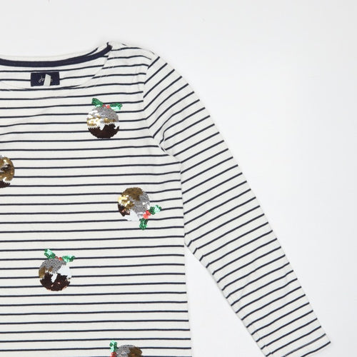 Joules Women White Navy Stripe Sequin Christmas Pudding Jersey Top UK 12