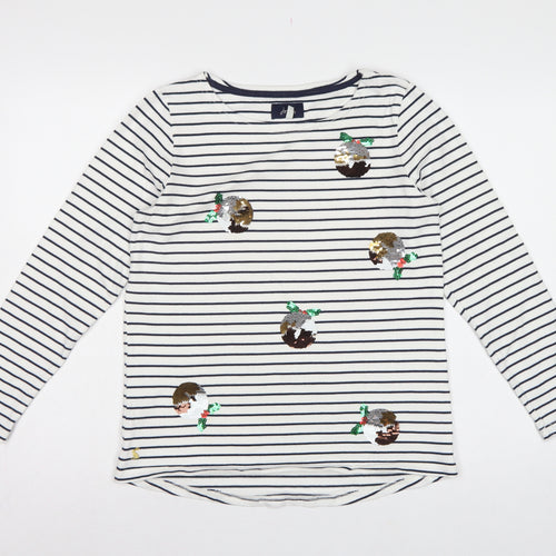 Joules Women White Navy Stripe Sequin Christmas Pudding Jersey Top UK 12