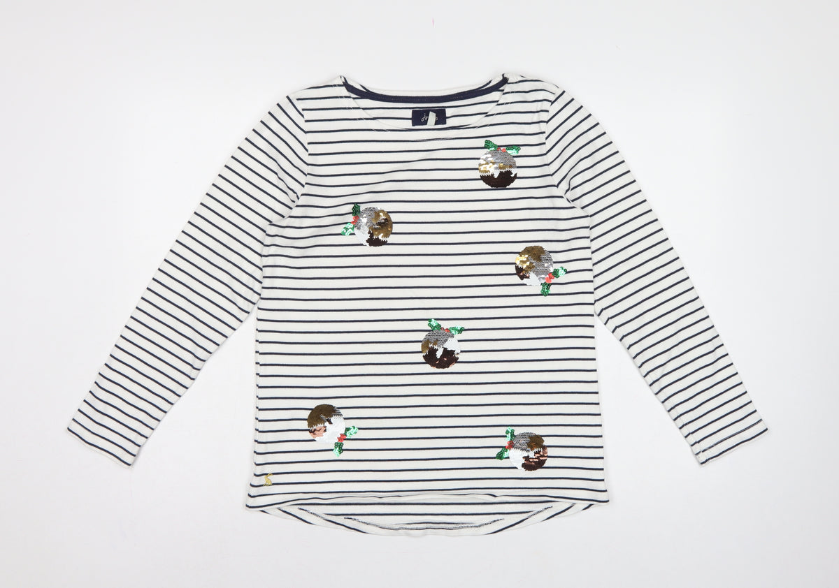 Joules Women White Navy Stripe Sequin Christmas Pudding Jersey Top UK 12