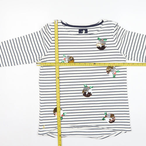 Joules Women White Navy Stripe Sequin Christmas Pudding Jersey Top UK 12