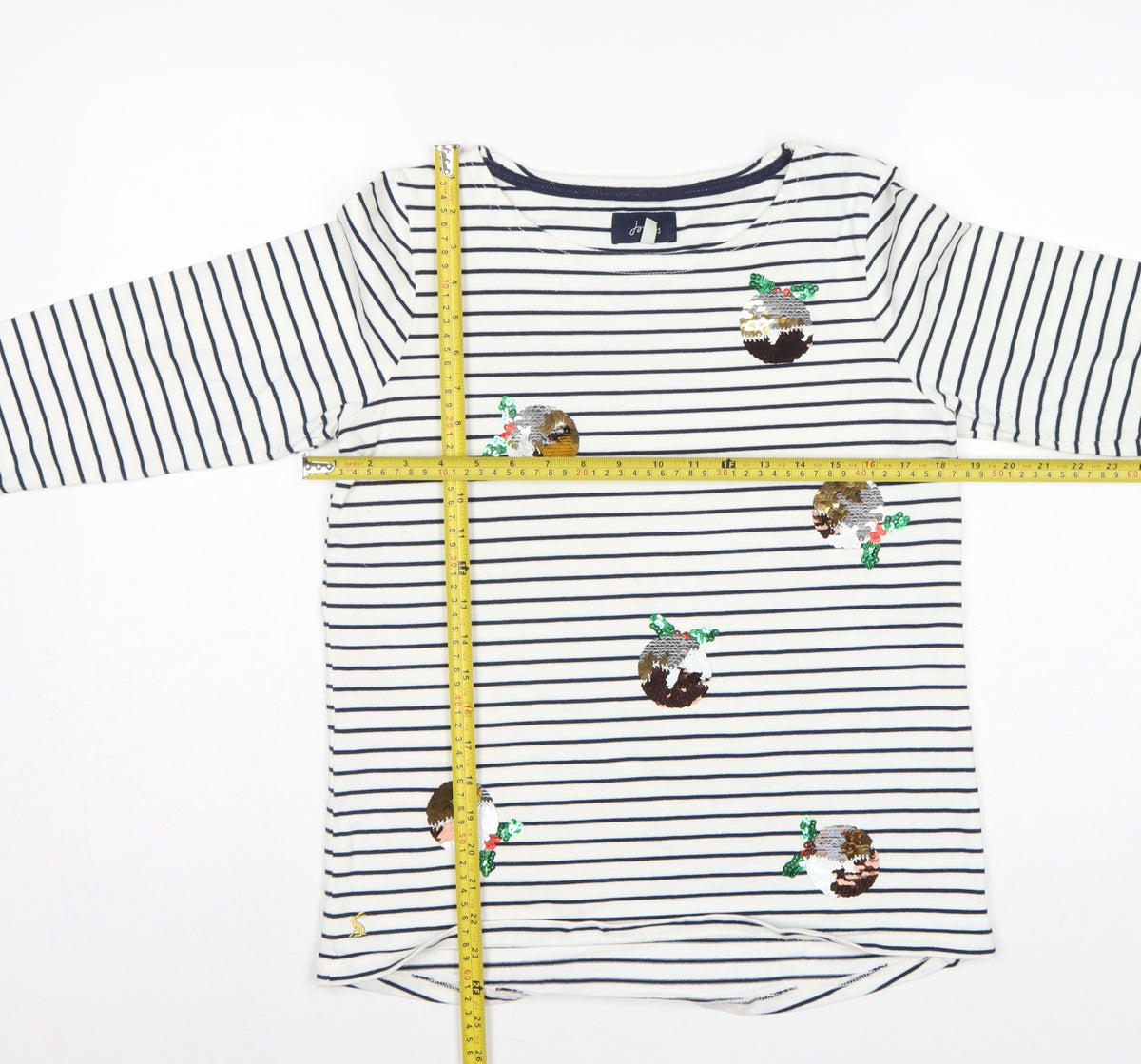 Joules Women White Navy Stripe Sequin Christmas Pudding Jersey Top UK 12