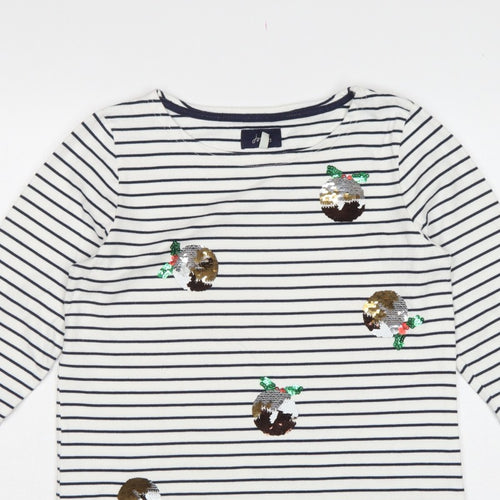 Joules Women White Navy Stripe Sequin Christmas Pudding Jersey Top UK 12