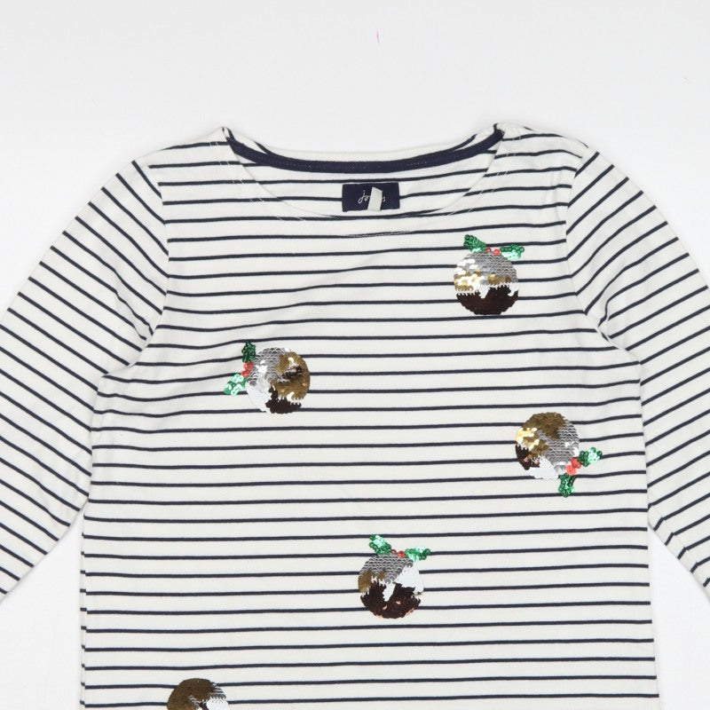 Joules Women White Navy Stripe Sequin Christmas Pudding Jersey Top UK 12