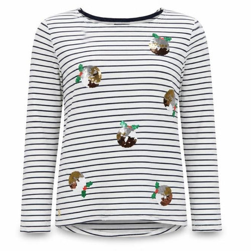Joules Women White Navy Stripe Sequin Christmas Pudding Jersey Top UK 12