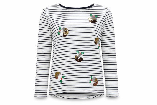 Front view of Joules Women White Navy Stripe Sequin Christmas Pudding Jersey Top UK 12