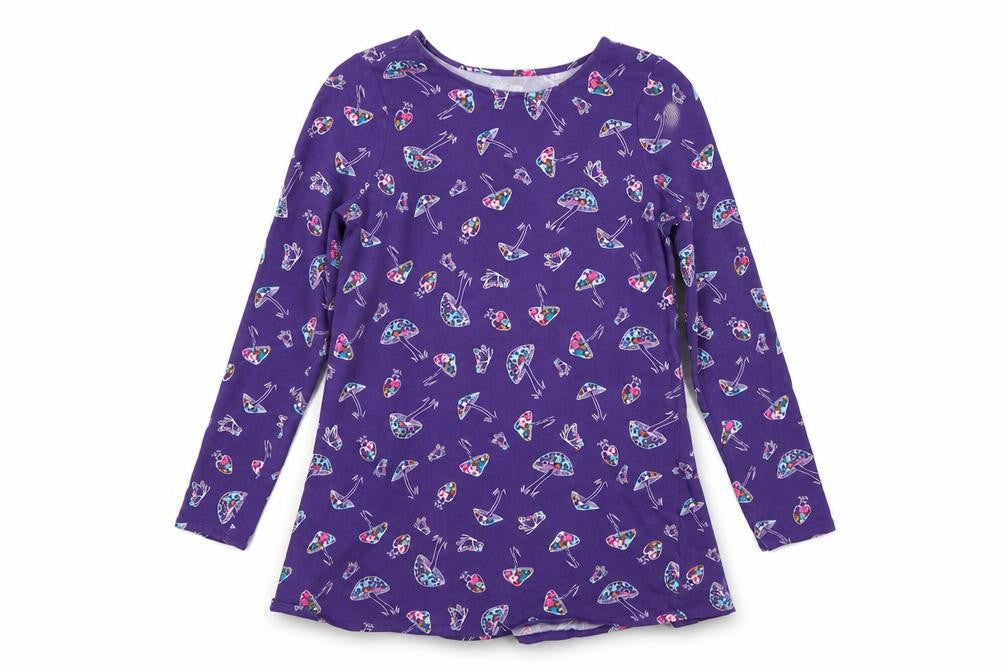 Front view of Lands' End Teens Purple Mushroom Print Long Sleeve Ruffle Tunic, size 10