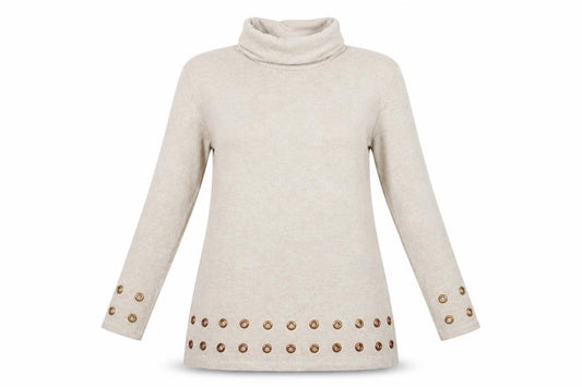Phase Eight Women Beige UK 10 Roll Neck Eyelet Trim Tunic Jumper