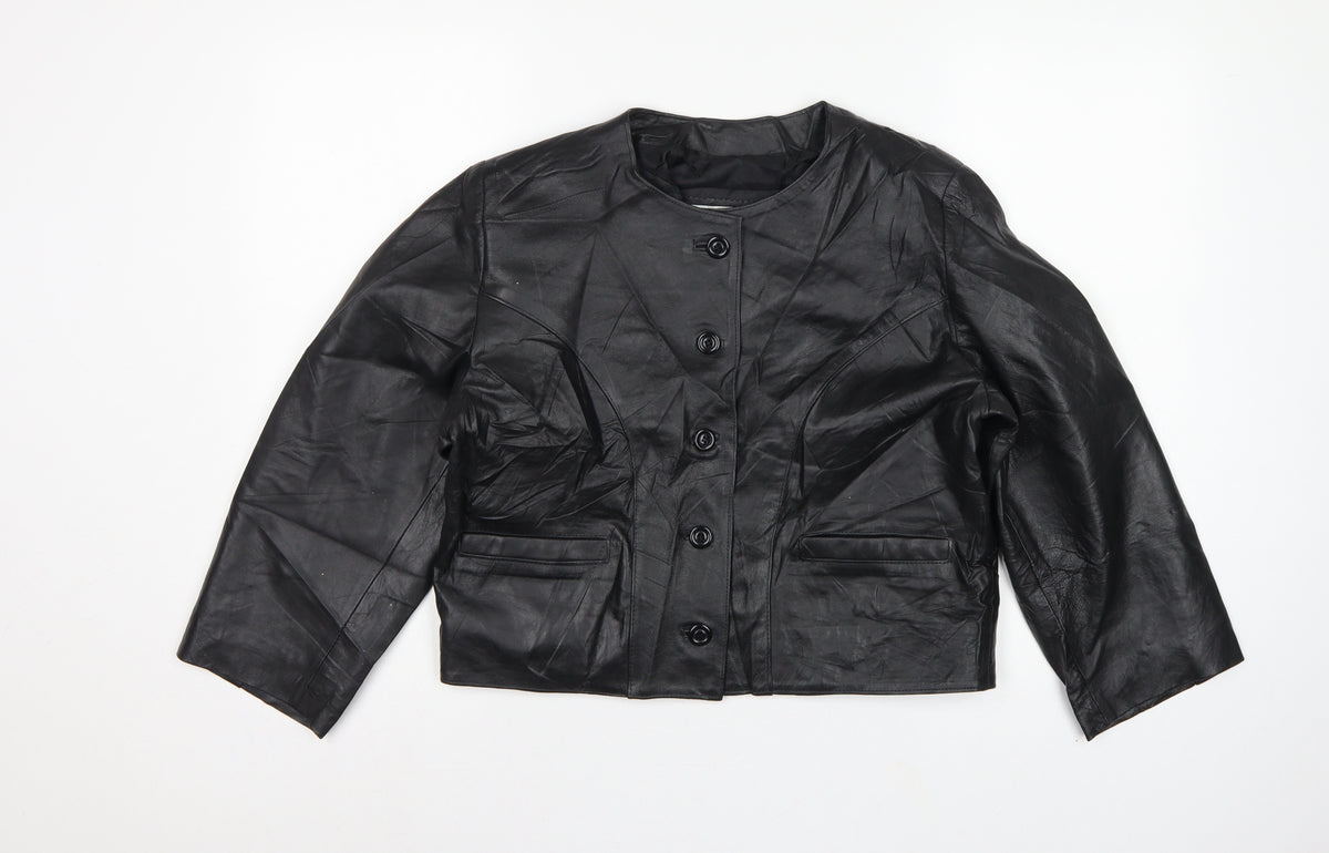 Antiloppe Women’s Black Leather Cropped Collarless Jacket Size L