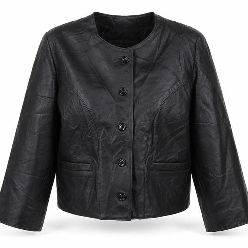 Antiloppe Women’s Black Leather Cropped Collarless Jacket Size L