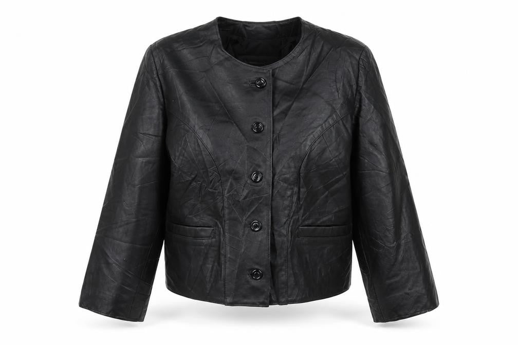 Antiloppe Women’s Black Leather Cropped Collarless Jacket Size L