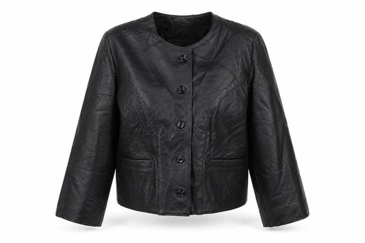 Antiloppe Women’s Black Leather Cropped Collarless Jacket Size L