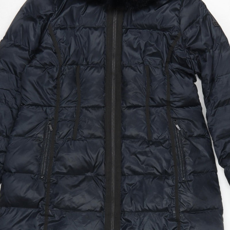 Diane von Furstenberg Women Blue XL Long Hooded Faux Fur Puffer Coat
