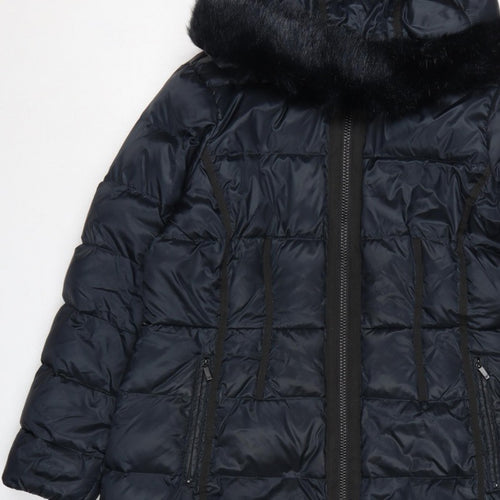 Diane von Furstenberg Women Blue XL Long Hooded Faux Fur Puffer Coat
