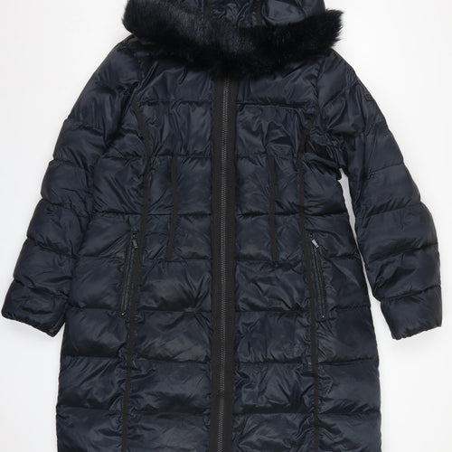 Diane von Furstenberg Women Blue XL Long Hooded Faux Fur Puffer Coat