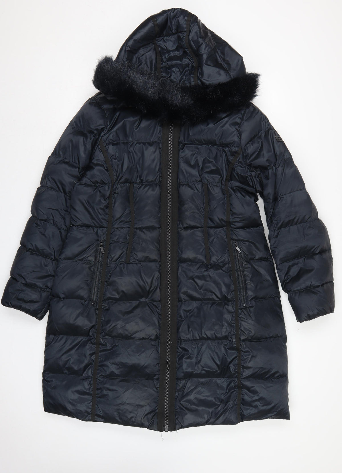 Diane von Furstenberg Women Blue XL Long Hooded Faux Fur Puffer Coat