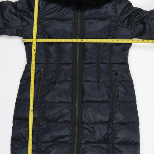 Diane von Furstenberg Women Blue XL Long Hooded Faux Fur Puffer Coat