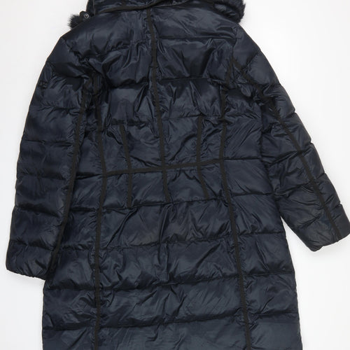 Diane von Furstenberg Women Blue XL Long Hooded Faux Fur Puffer Coat