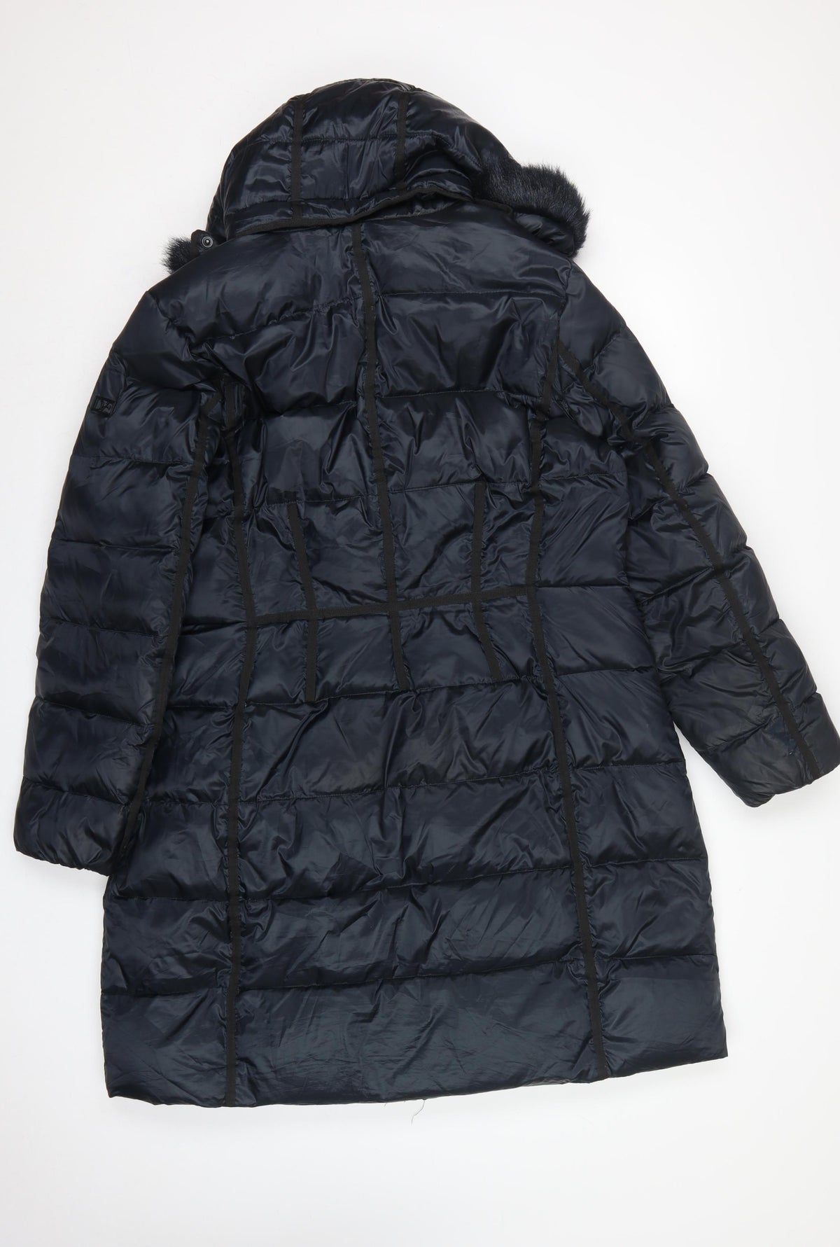 Diane von Furstenberg Women Blue XL Long Hooded Faux Fur Puffer Coat