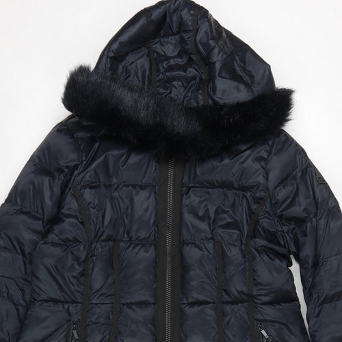 Diane von Furstenberg Women Blue XL Long Hooded Faux Fur Puffer Coat