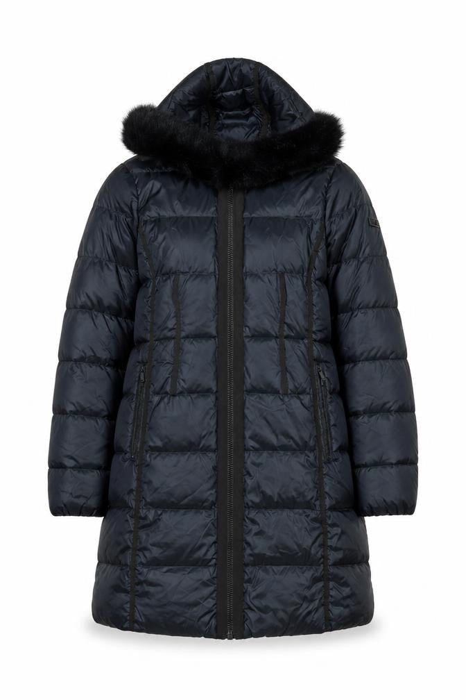 Diane von Furstenberg Women Blue XL Long Hooded Faux Fur Puffer Coat