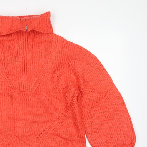 M&S Women Orange M Cable Knit Roll Neck 1/4 Zip Jumper