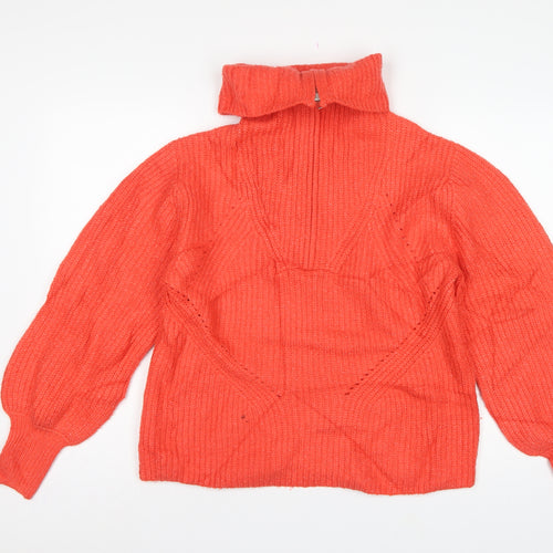 M&S Women Orange M Cable Knit Roll Neck 1/4 Zip Jumper