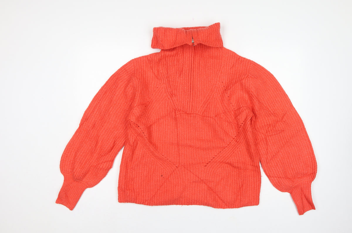 M&S Women Orange M Cable Knit Roll Neck 1/4 Zip Jumper