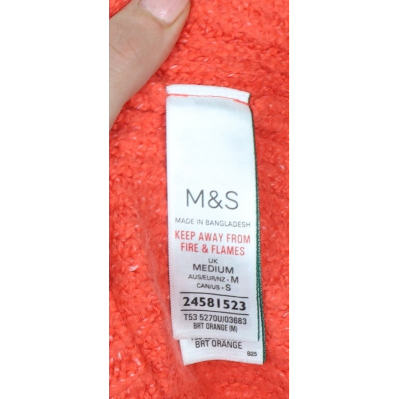 M&S Women Orange M Cable Knit Roll Neck 1/4 Zip Jumper