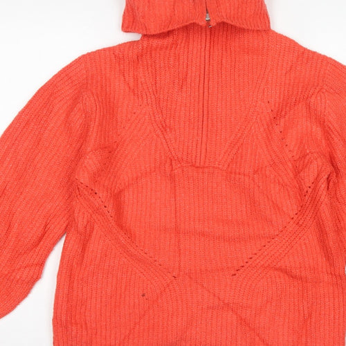 M&S Women Orange M Cable Knit Roll Neck 1/4 Zip Jumper