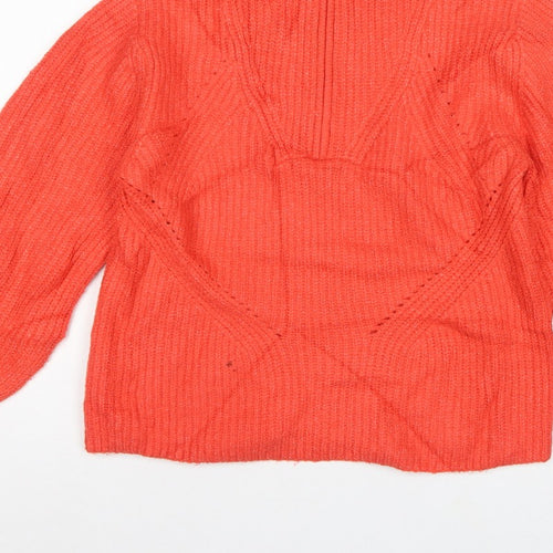 M&S Women Orange M Cable Knit Roll Neck 1/4 Zip Jumper