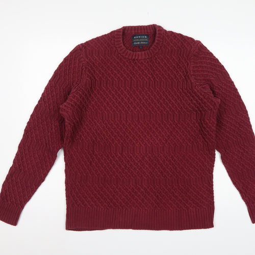 Howick Mens Red L Cable-Knit Crew Neck Cotton Pullover Jumper