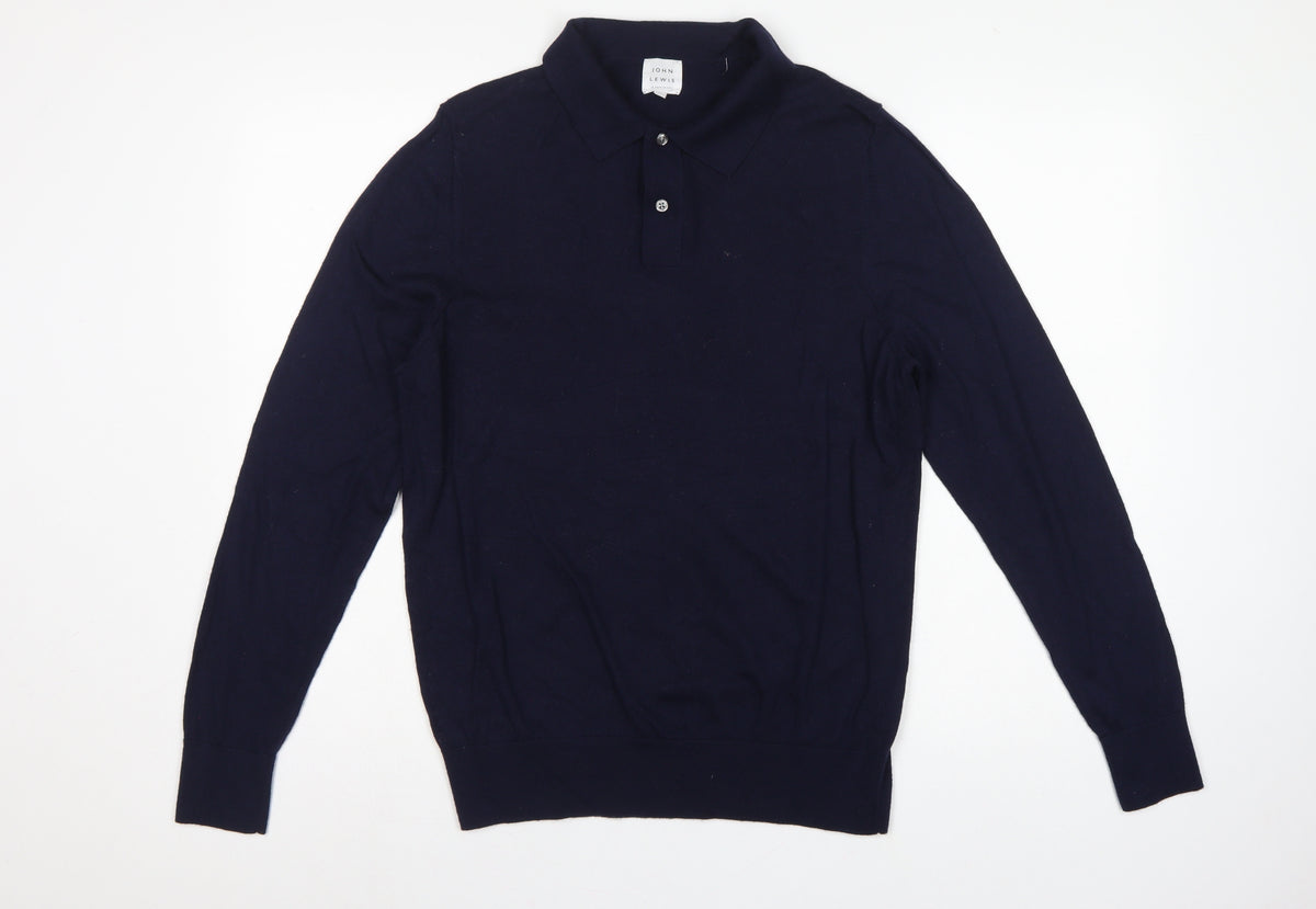 John Lewis Men’s Navy Blue L Merino Wool Collared Henley Jumper
