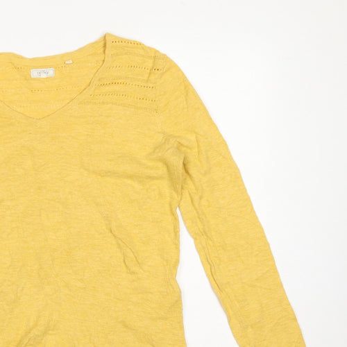 Fat Face Women's Yellow UK 12 V-Neck Open Knit Cotton Jumper