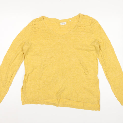 Fat Face Women's Yellow UK 12 V-Neck Open Knit Cotton Jumper