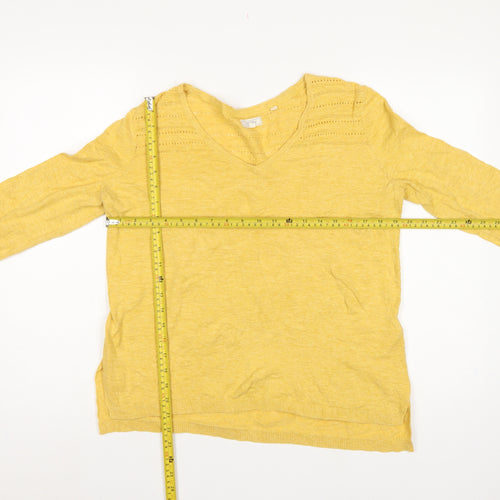 Fat Face Women's Yellow UK 12 V-Neck Open Knit Cotton Jumper